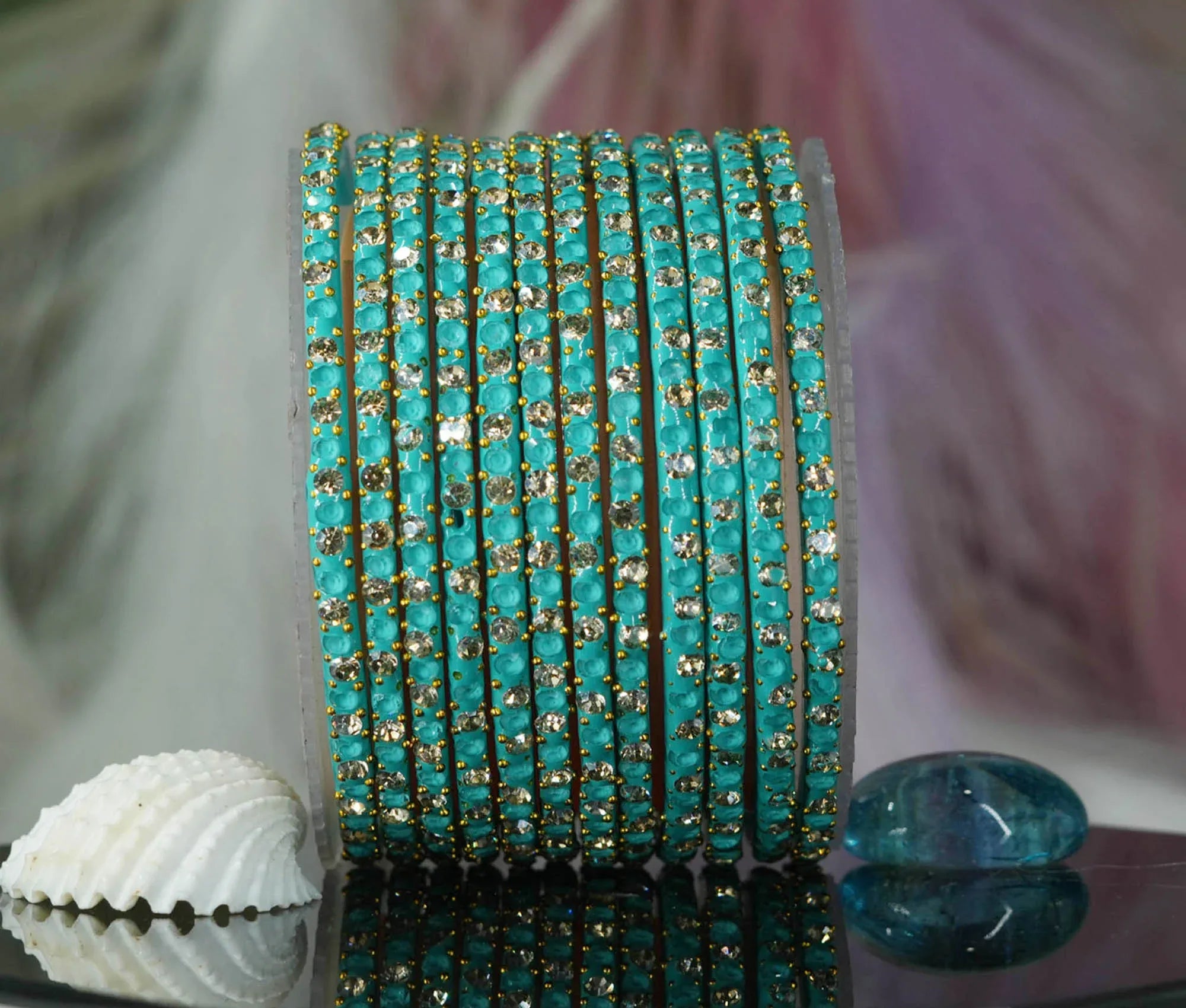 Glass Bangle with Beads Studded for Women & Girls (Pack 12 Bangles) - The Golden Cascade